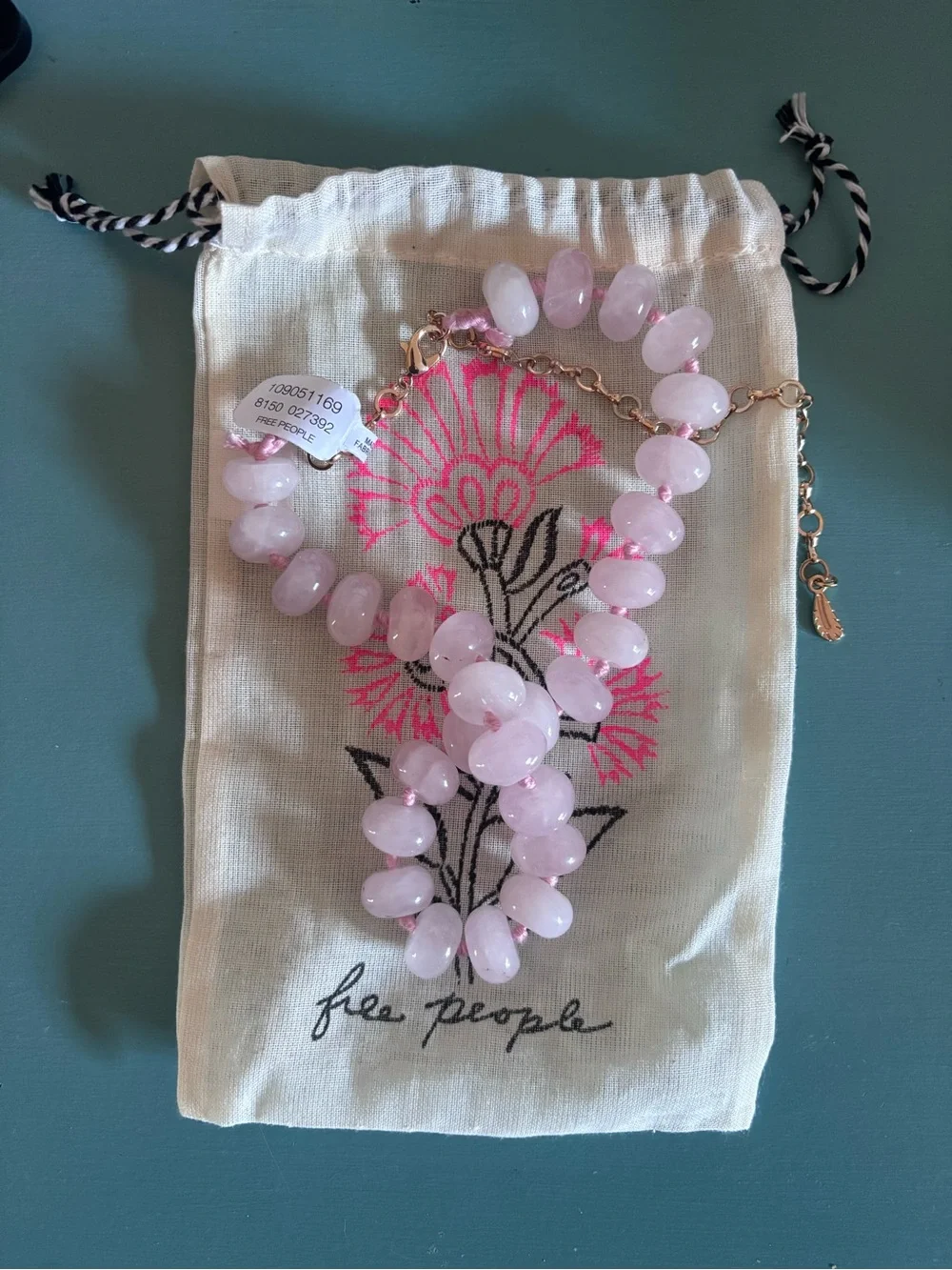 Free People Sabina Rose Quartz Pink Beaded Necklace with Gold Chain.